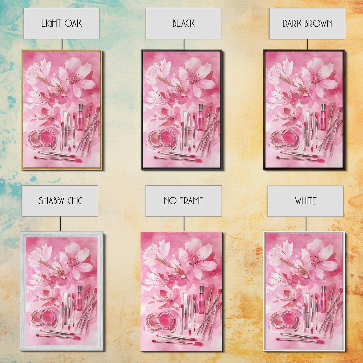 Cherry Blossom Canvas Print Featuring Makeup and Brush Theme Perfect Whimsical and Light Pink Wall Art Bedroom or Bathroom Decor
