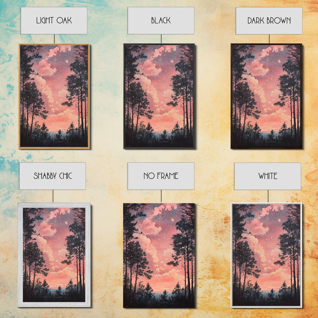 Starry forest scene painting on framed canvas print, forest at dusk painting, smoky mountain art, wabi sabi art, above couch decor