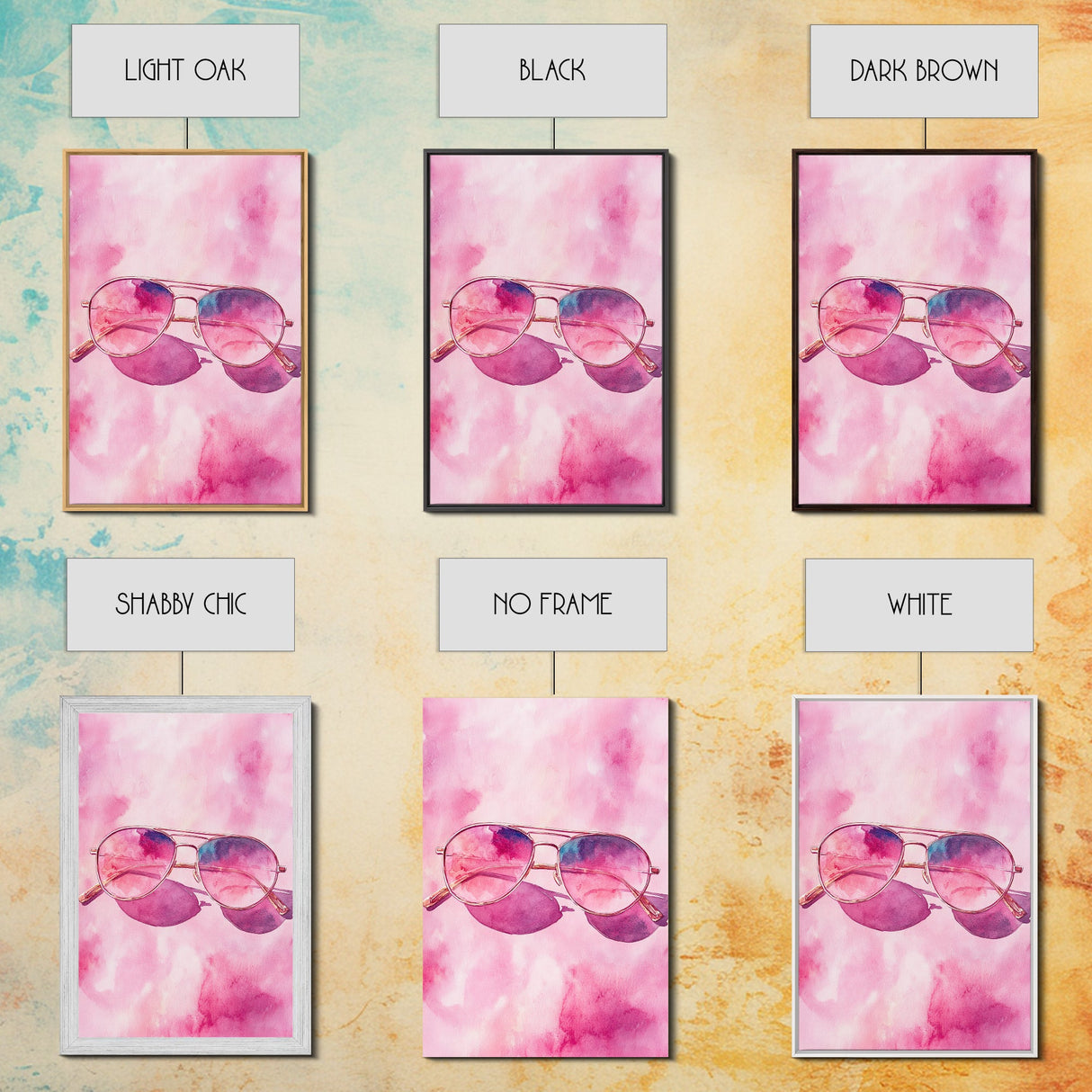 Stylish pink sunglasses painting featuring framed canvas print, pink wall art, boho art, above sofa art, modern living room decor