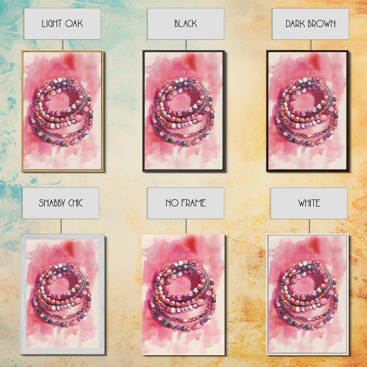 Vibrant gemstone bracelet painting with framed canvas print, gemstone painting, pink abstract art, moody art, living room decor