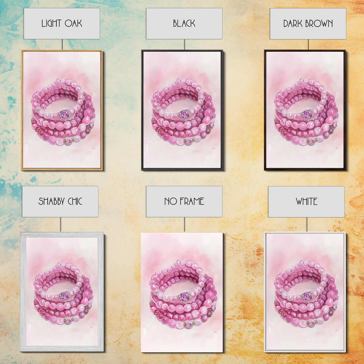 Pink Gemstone Bracelet Painting Framed Canvas Print, Whimsical Jewelry Art Light Pink Decor, Feminine Bedroom or Gift Aesthetic