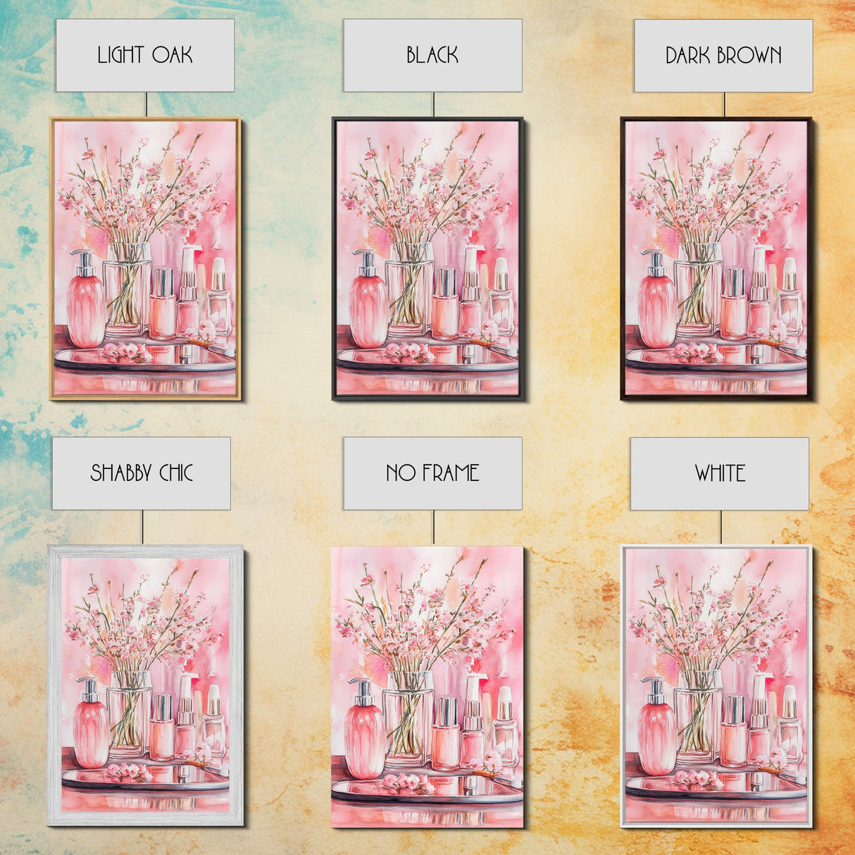 Pink wildflower botanical prints with glass bottles framed canvas print for bedroom or guest room rustic decor gift idea her wall art