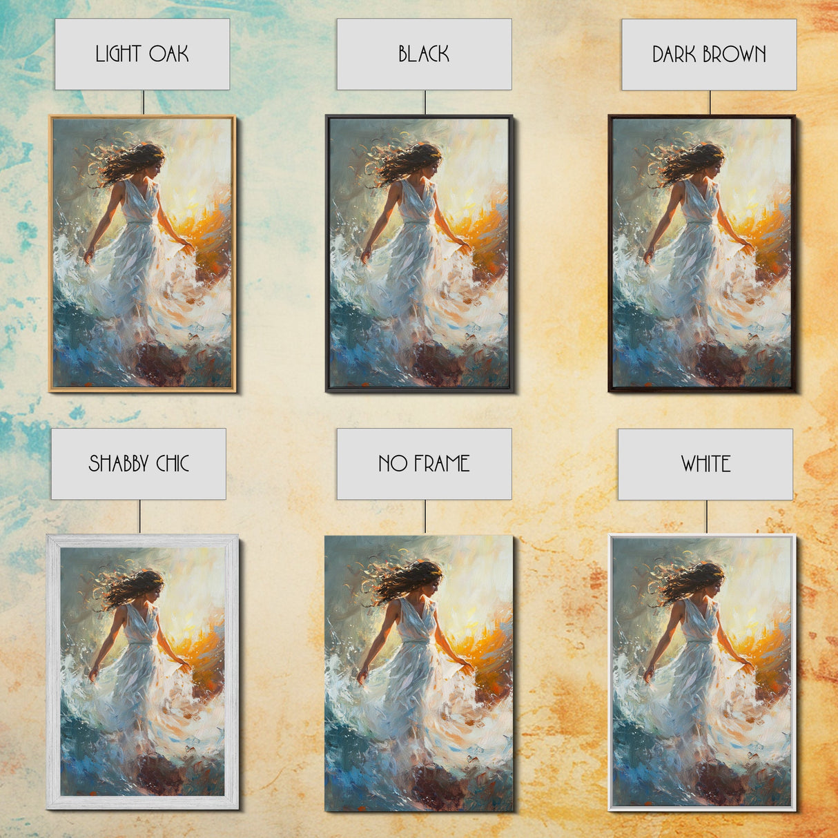 Ethereal Woman with Flowing Dress Framed Canvas Print, Dreamy Goddess Art Perfect as Above Sofa or Romantic Bedroom Wall Decor