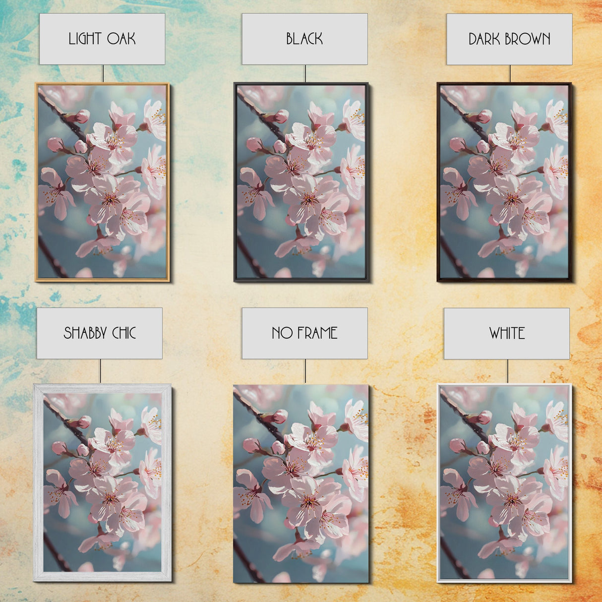 Japanese Sakura Canvas Print | Cherry Blossom Painting Art | Pastel Blue Floral Wall Art Gift Idea | Light Pink Bedroom Art
