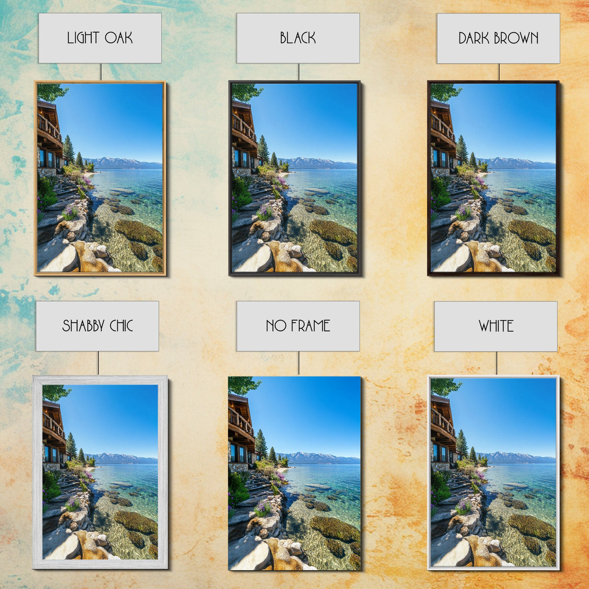 Lakeside Retreat Framed Canvas Print Coastal Landscape Art Nautical Wall Art Living Room Decor Lake Tahoe Art Rustic Decor Seascape Painting