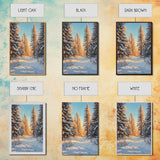 Winter Wonderland Framed Canvas Print, Snowy Forest Landscape Painting with Pine Tree Art, Cozy Rustic Wall Decor
