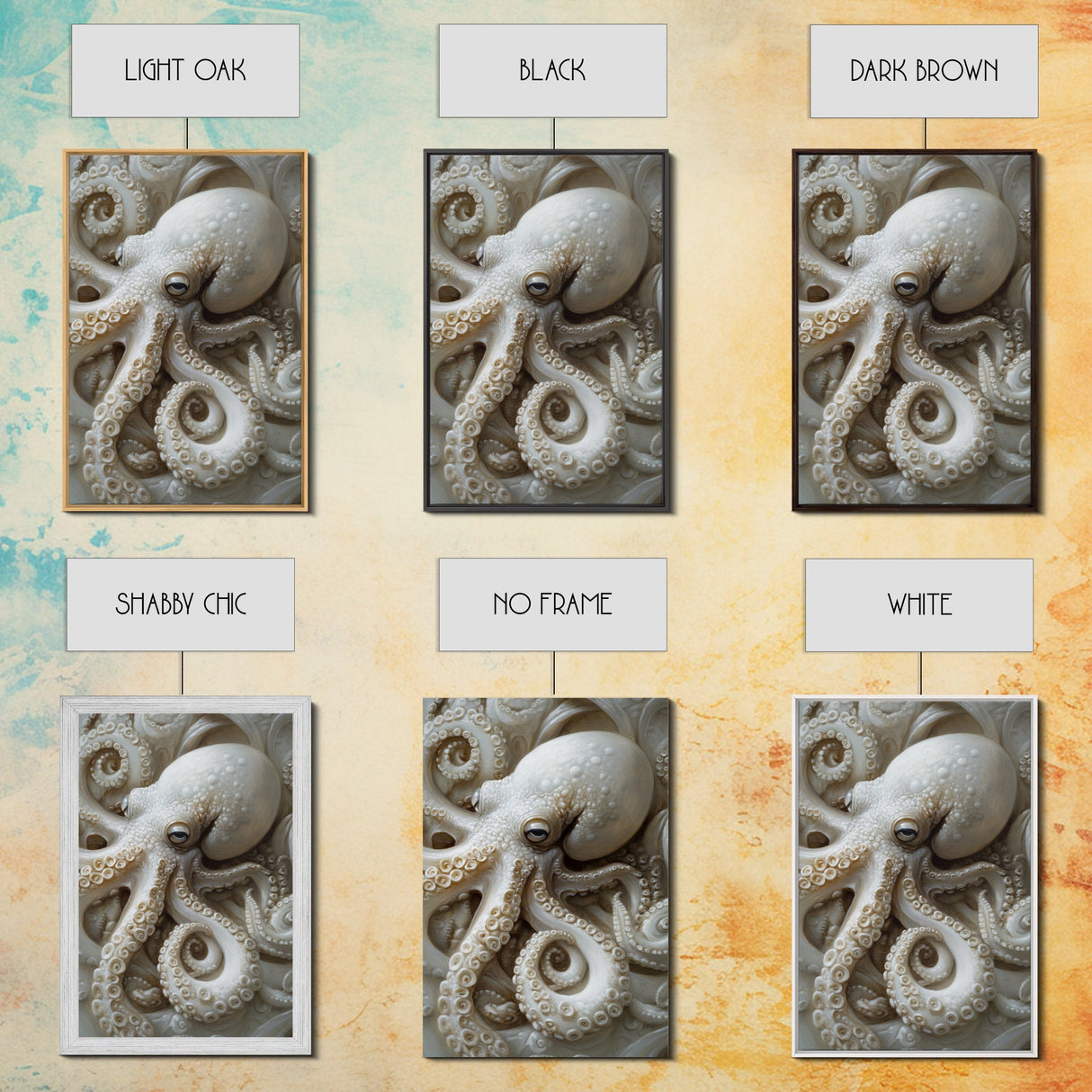 Octopus Art Framed Canvas Print with Intricate Nautical Decor and Ocean-Inspired Details, Rustic Coastal Wall Art Perfect Gift Idea