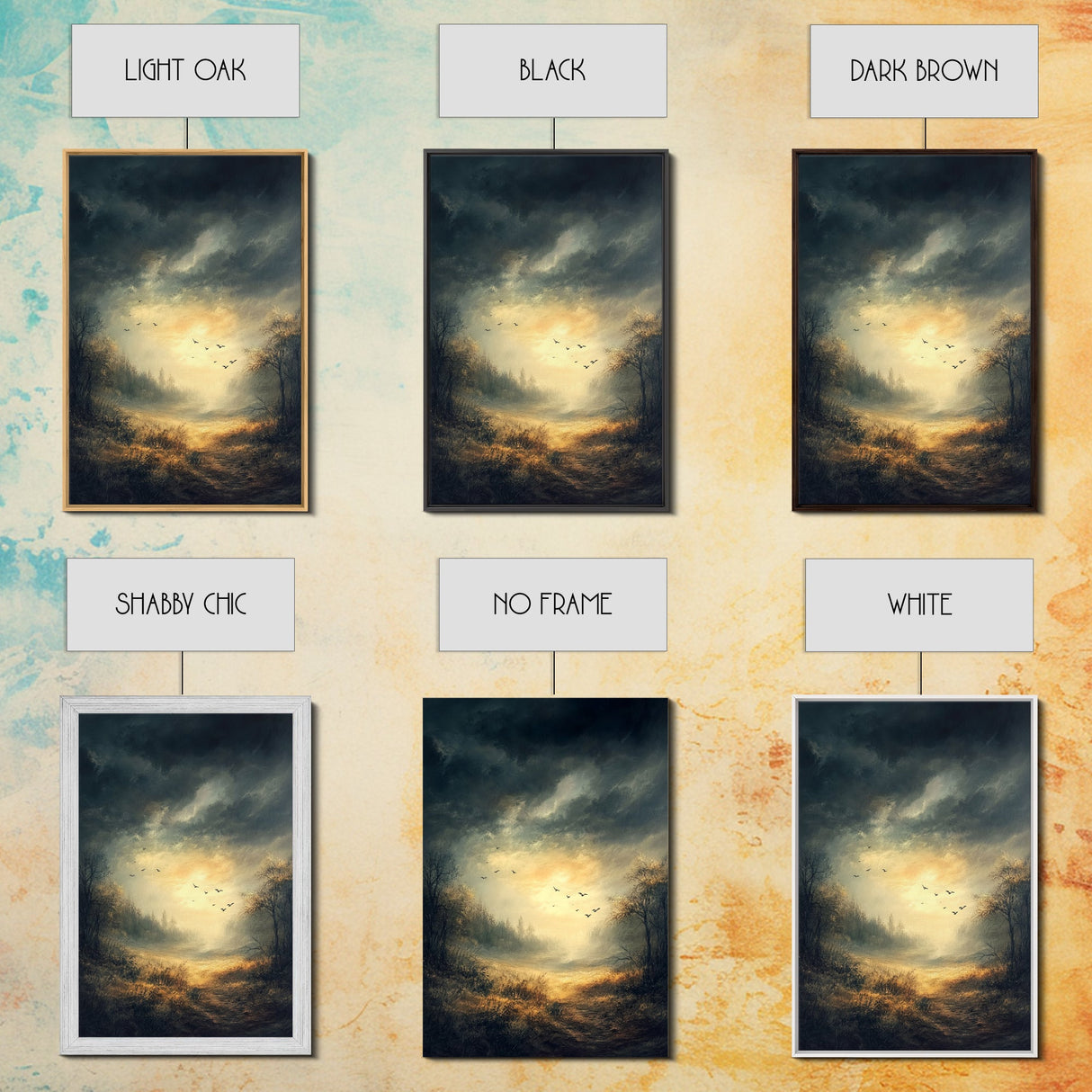 Landscape Painting Framed Canvas Print Featuring Sunset Over Autumn Forest with Dark Romantic Smoky Mountain Art and Rustic Decor