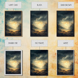 Landscape Painting Framed Canvas Print Featuring Sunset Over Autumn Forest with Dark Romantic Smoky Mountain Art and Rustic Decor