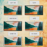 Forest Lake, pine tree art, landscape painting, rustic wall art, autumn painting, extra wide art, wabi sabi art, Framed Canvas Print