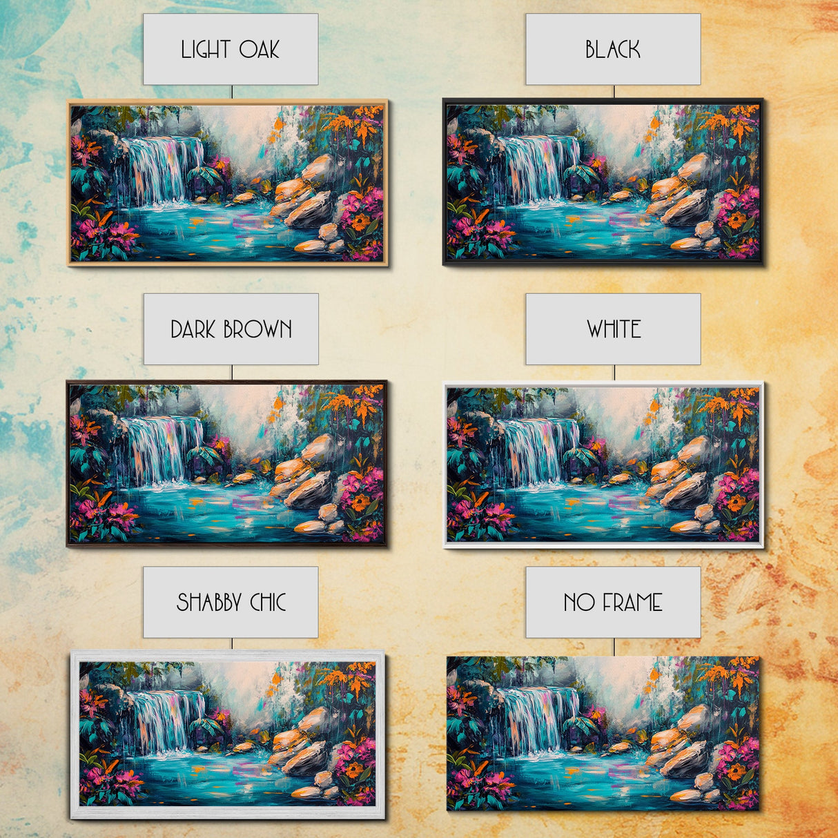 Vibrant Waterfall, Canvas Print, landscape painting, moody art, tropical art, teal wall art, extra wide art, rustic decor