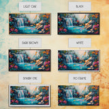 Vibrant Waterfall, Canvas Print, landscape painting, moody art, tropical art, teal wall art, extra wide art, rustic decor