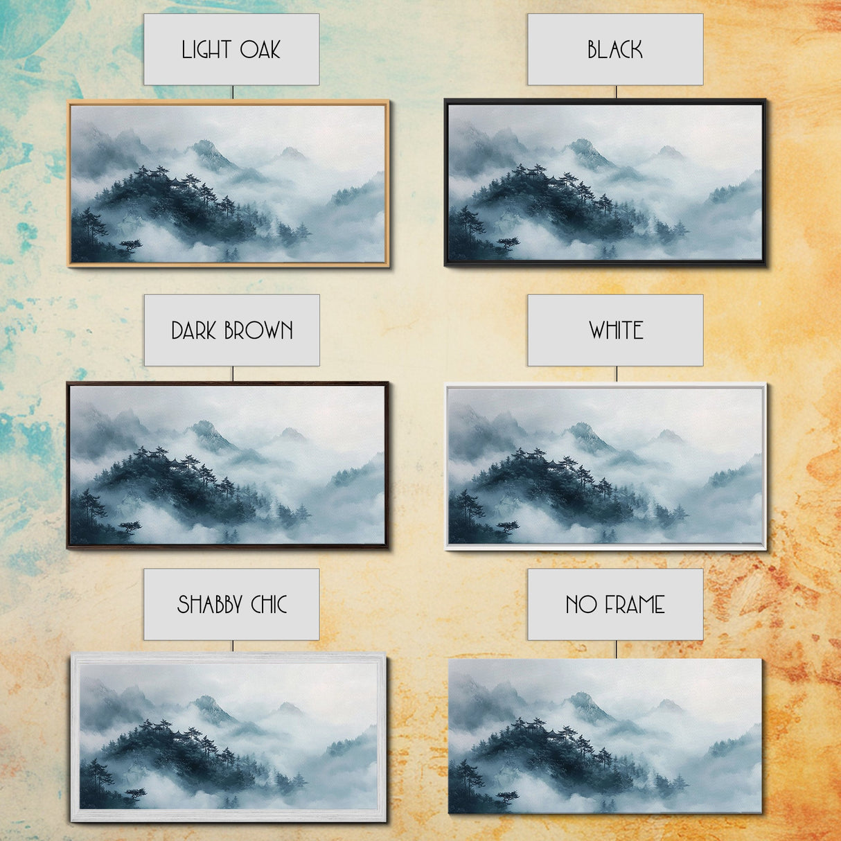Misty Mountain, chinoiserie wall art, framed canvas print, zen wall art, mountain painting, panoramic painting, extra wide art