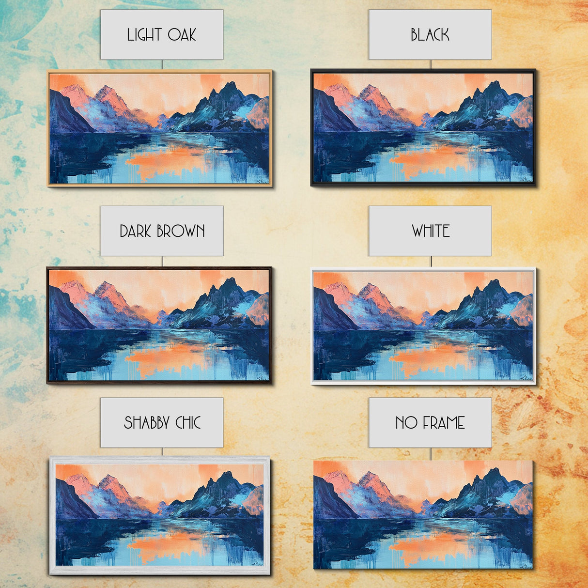 Twilight Peaks, pink orange wall art, framed canvas print, panoramic painting, above sofa art, extra wide art, landscape painting