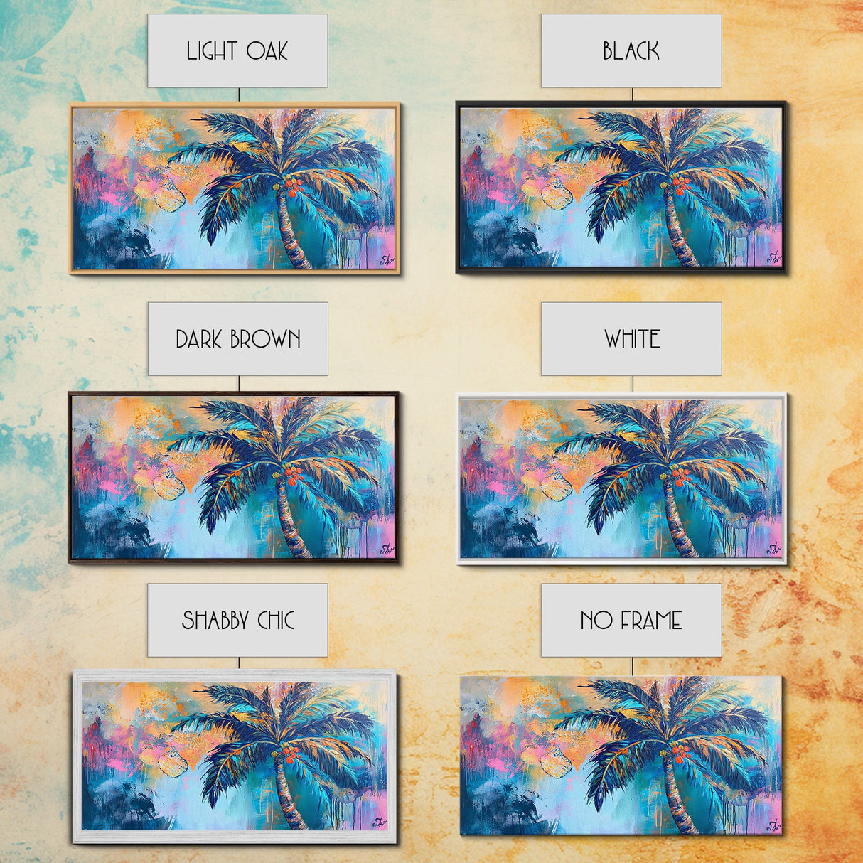 Palm tree painting, coastal wall art, framed canvas print, tropical art, boho art, surf wall art, extra wide art, vibrant wall decor