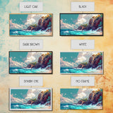 Rocky Cliff Beach, coastal landscape art, framed canvas print, seascape painting, nautical decor, extra wide art, above couch art