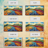 Whimsical Hills, rolling landscape, colorful fields, abstract nature, bold painting, extra wide art, Framed Canvas Print, rustic art