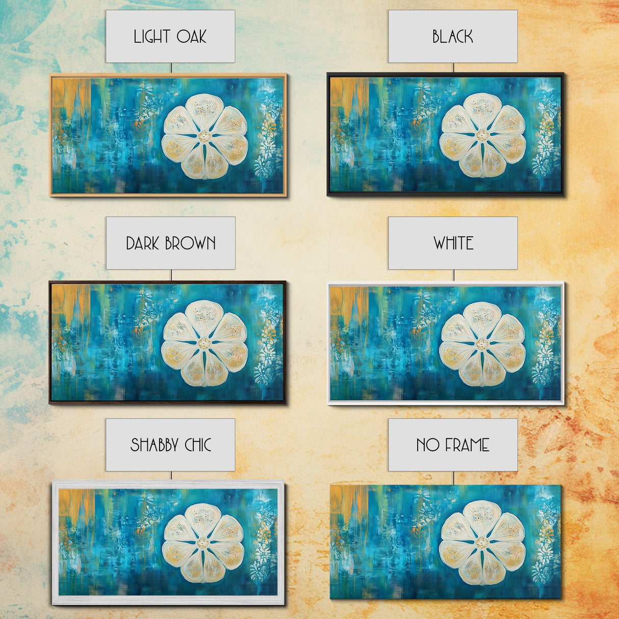 Abstract Floral, Botanical Prints, Coastal Landscape Art, Wabi Sabi Art, Framed Canvas Print, Extra Wide Art, Blue and Gold Wall Art