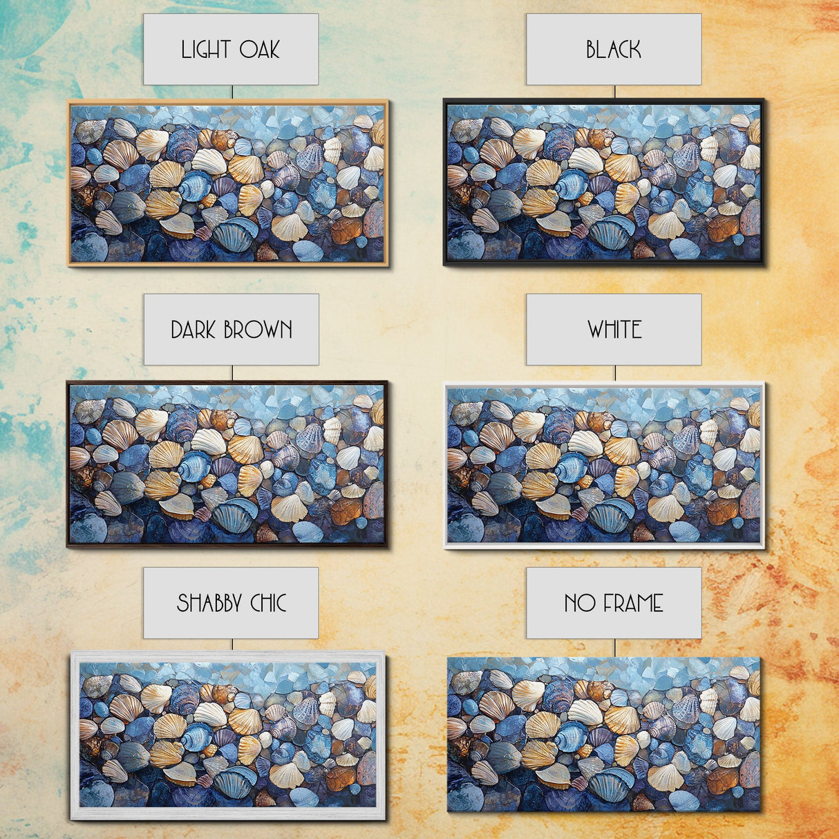 Seashell Beach Art, coastal wall art, oyster shell painting, blue and green wall art, framed canvas print, extra wide art