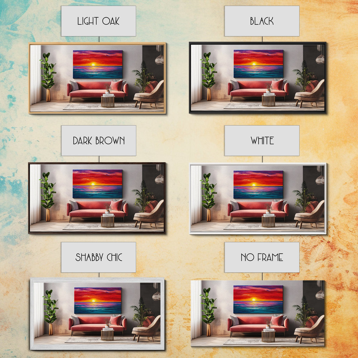 Red Couch, Sunset Painting, Above Sofa Art, Coastal Wall Art, Beach Decor, Panoramic Art, Framed Canvas Print, Living Room Art