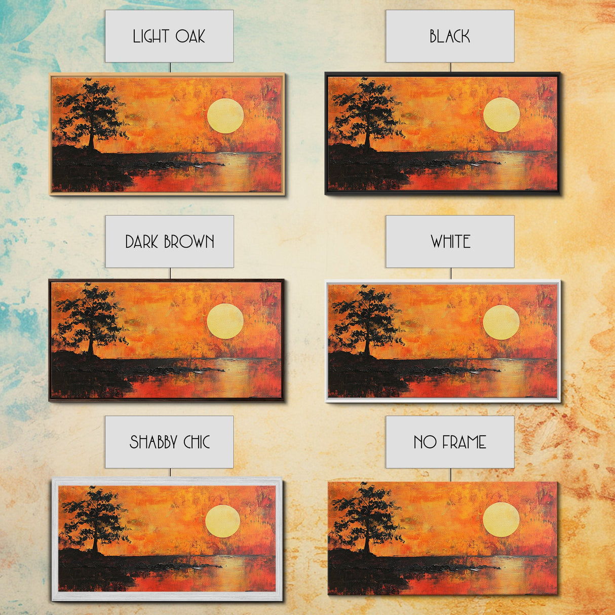 Sunset Tree, orange wall art, oak tree art, moody art, panoramic art, extra wide art, rustic wall art, Framed Canvas Print