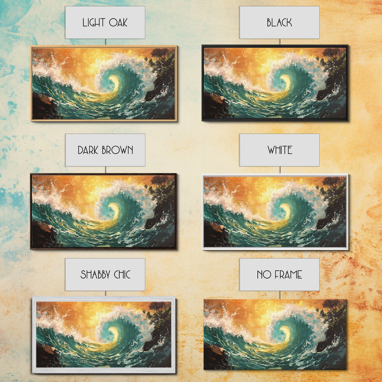 Golden Wave, surf wall art, seascape painting, coastal decor, nautical wall art, beach house decor, panoramic art, Canvas Print