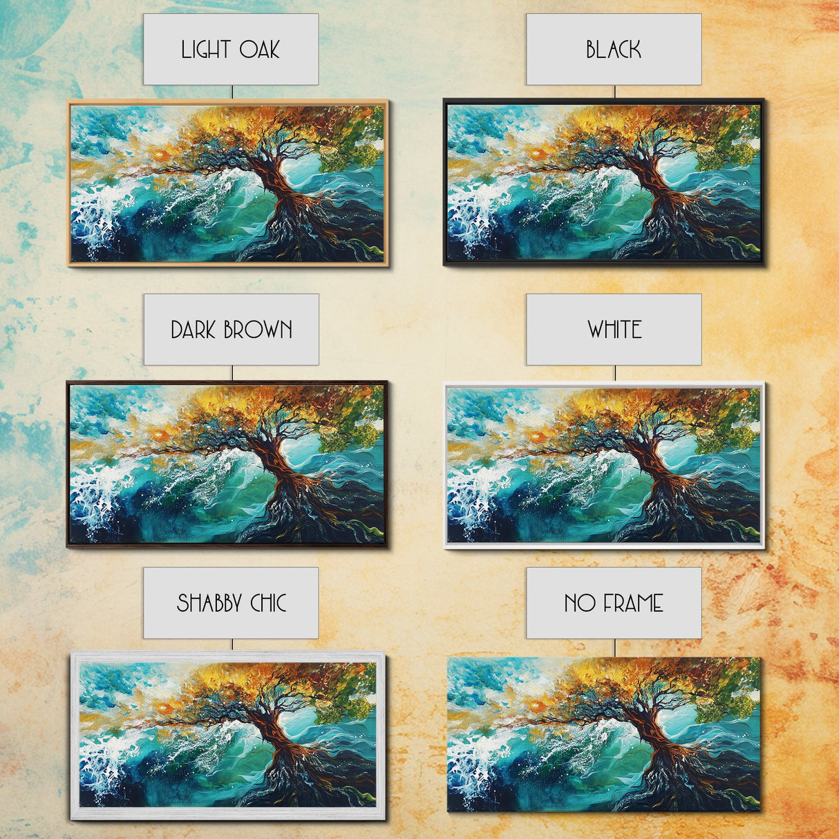 Tree in Waves, Canvas Print, coastal landscape art, wabi sabi art, extra wide painting, ocean painting, panoramic wall art