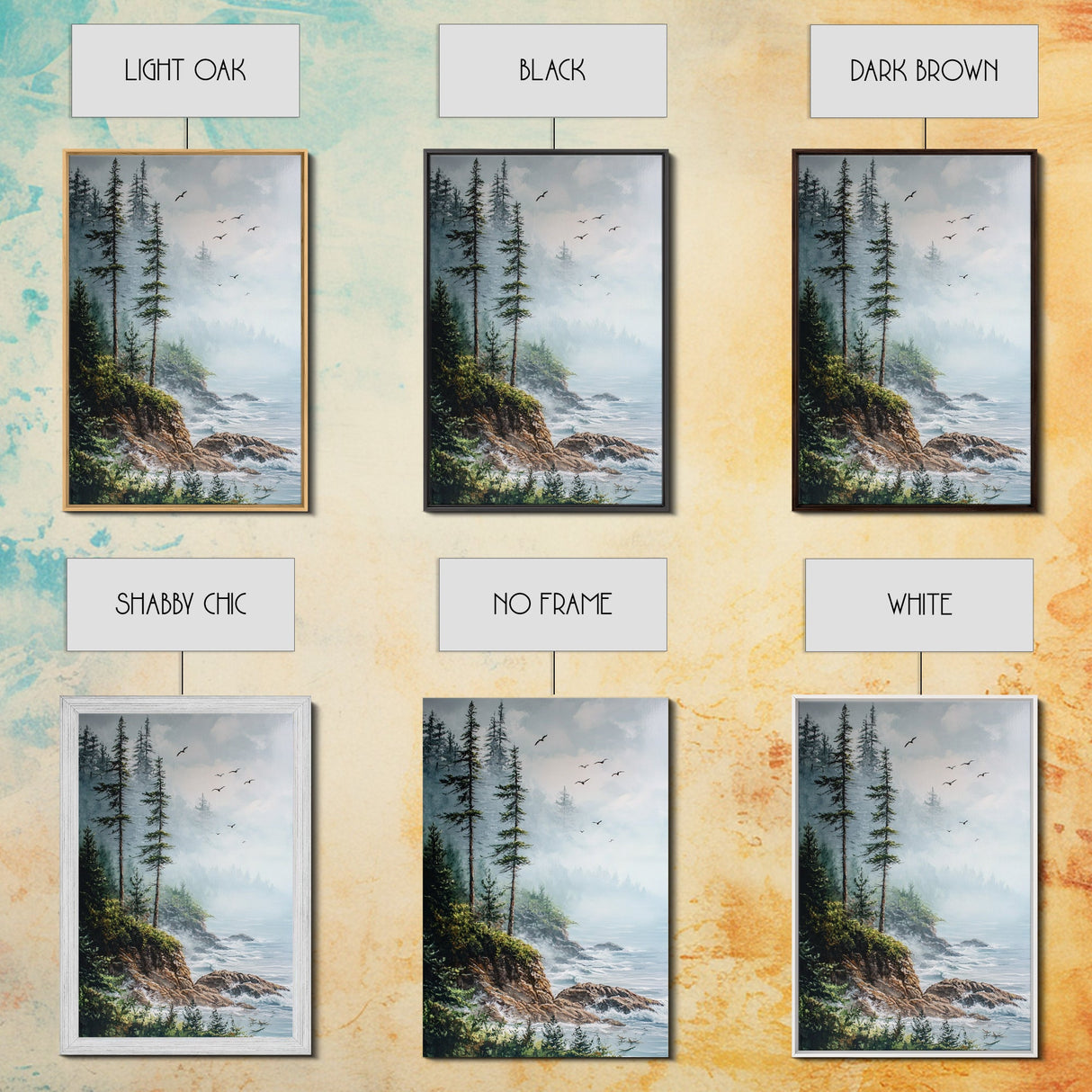 Coastal Cliff, ocean waves, pine tree art, landscape painting, coastal wall art, rustic decor, framed canvas print, nautical art