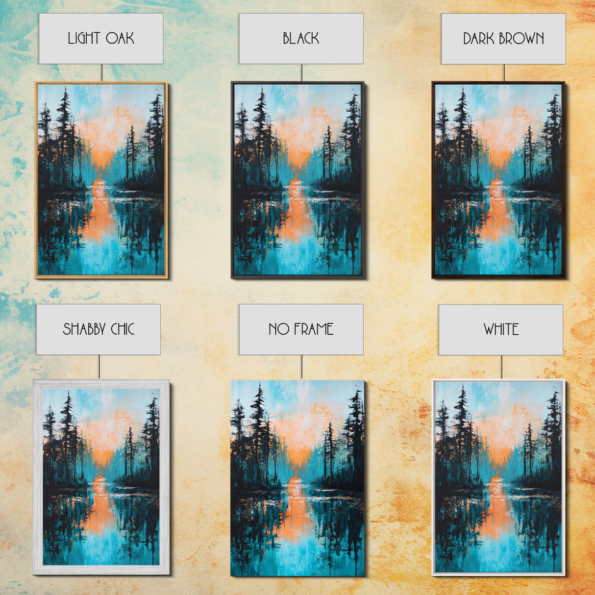 Sunset Reflection, pine tree art, landscape painting, teal wall art, Joshua tree art, framed canvas print, extra wide art