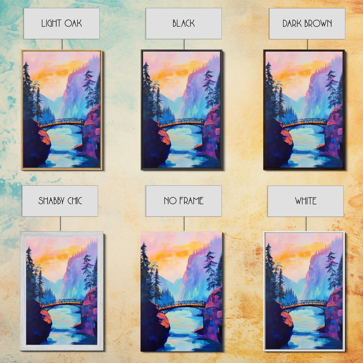 Vibrant Mountain Bridge, pink orange wall art, forest at dusk painting, landscape painting, above bed wall art, Canvas Print