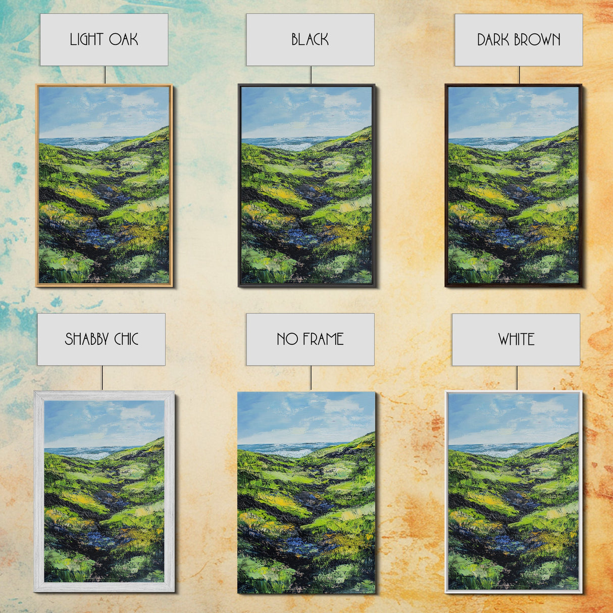 Ireland painting, green wall art, coastal landscape art, wabi sabi art, farmhouse art, Framed Canvas Print, landscape painting