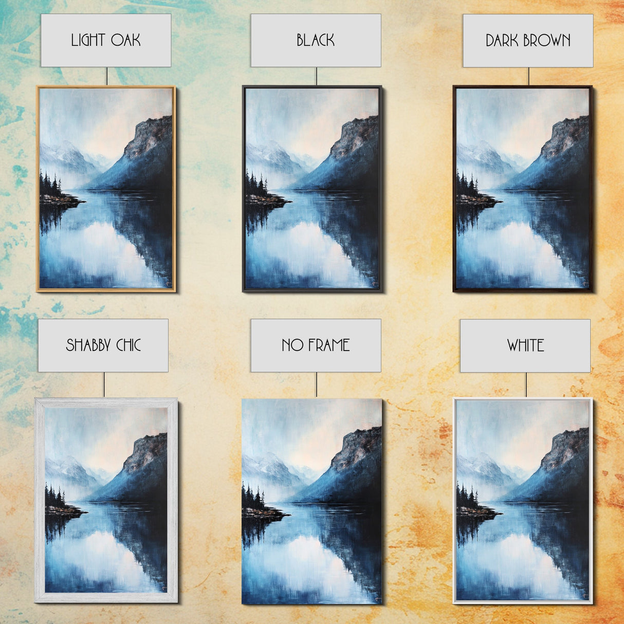 smoky mountain art, pine tree art, rustic wall art, blue and green wall art, panoramic painting, Framed Canvas Print, above couch art