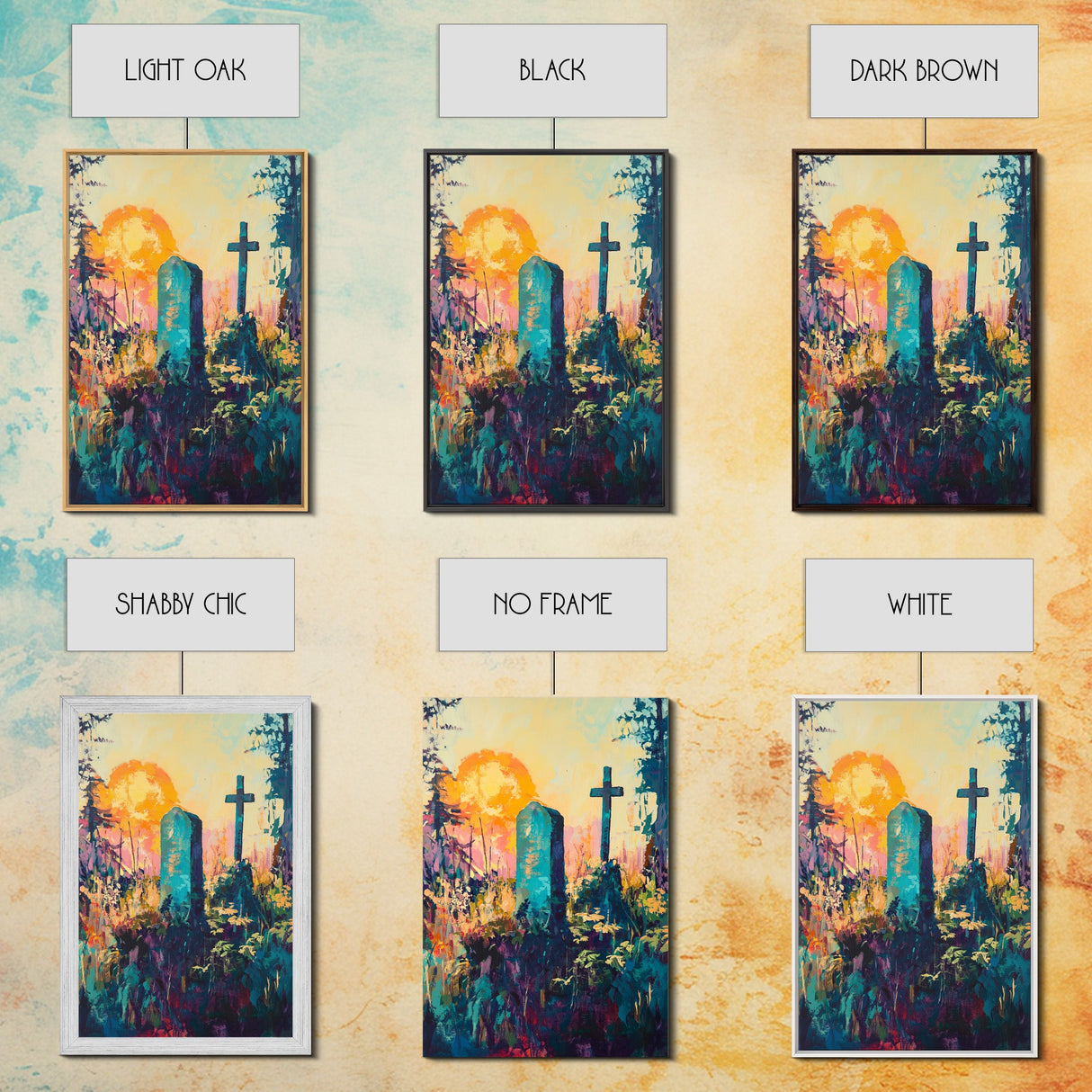 Graveyard Sunset, dark romance painting, gothic wall art, moody art, vintage folk art, atmospheric painting, framed canvas print