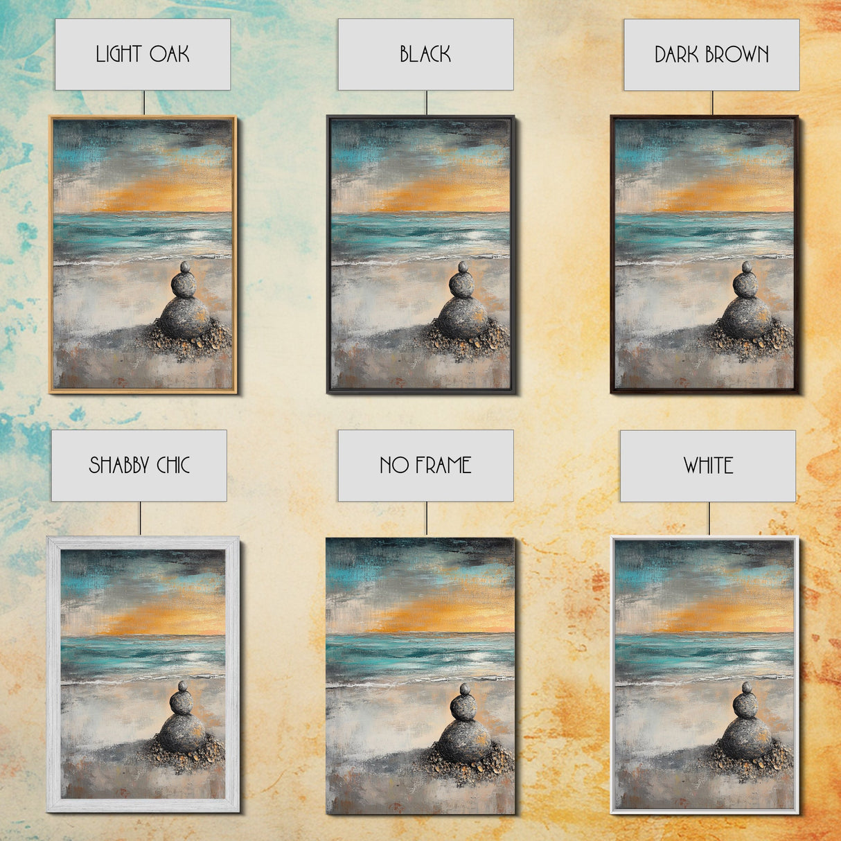 Zen Rock Stack Framed Canvas Print Coastal Wall Art, Beach Sunset Painting, Meditation Room Art, Tranquil Ocean Artwork, Boho Decor