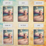 Fantasy Castle Framed Canvas Print Dreamy Coastal Art, Whimsical Beach Painting, Living Room Wall Decor, Pastel Ocean Landscape