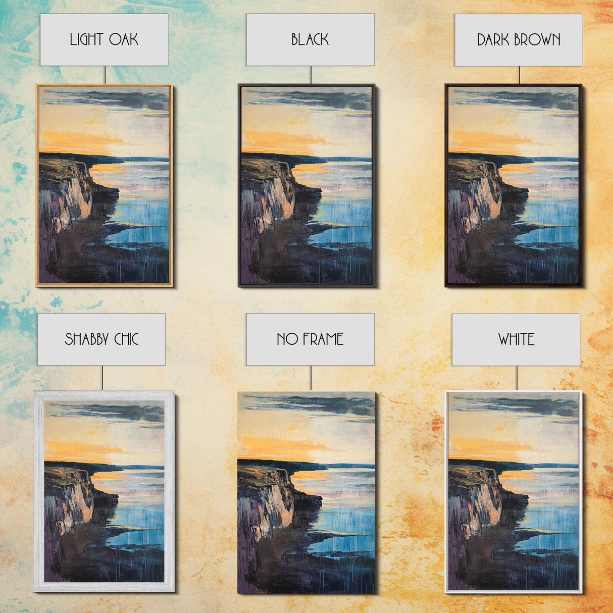 Dramatic Cliff Sunset Canvas Print Coastal Landscape Wall Art, Ocean Sunset Painting, Modern Beach Decor, Bedroom Aesthetic