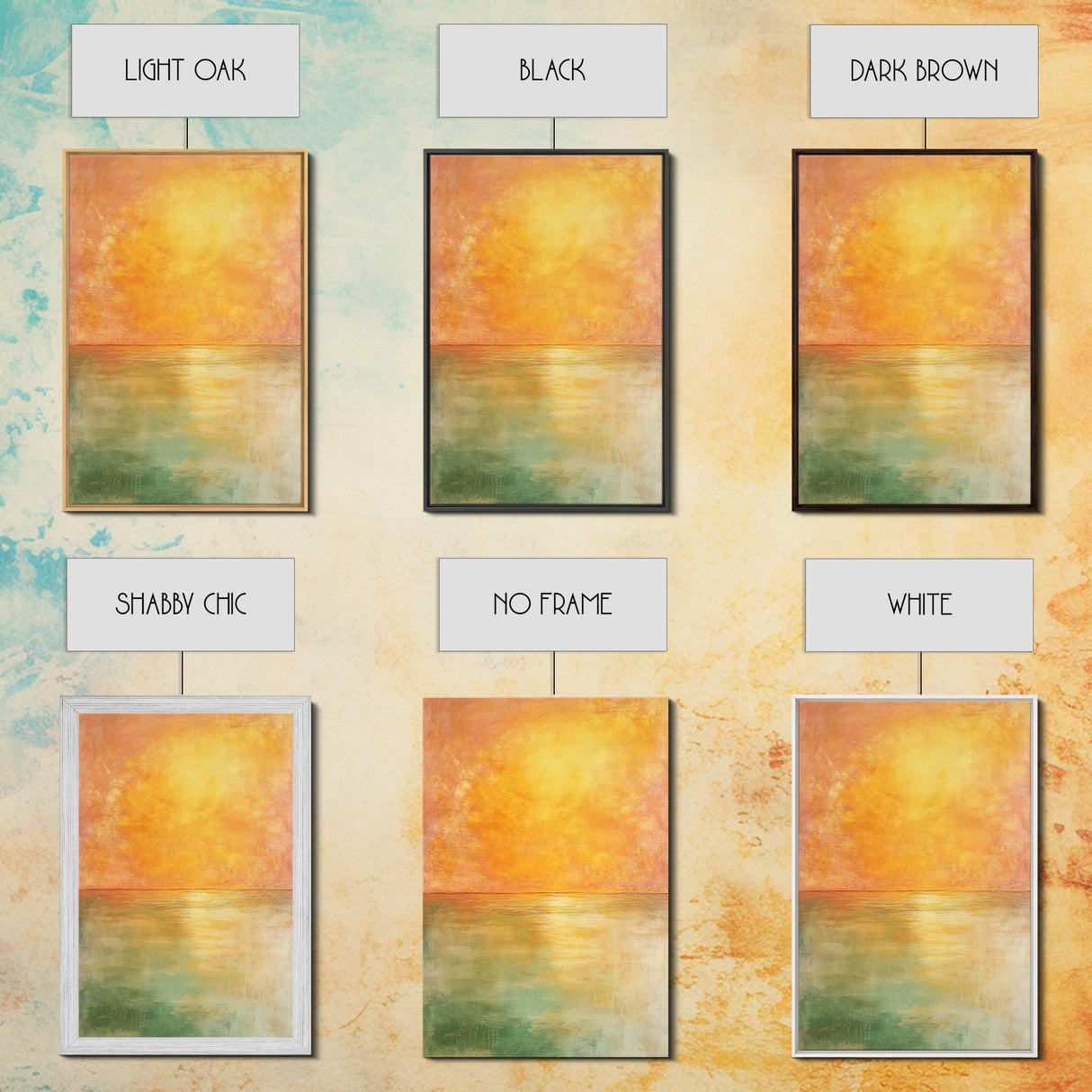 Golden Sunset Horizon Framed Canvas Print Warm Minimalist Wall Art, Serene Ocean Painting, Modern Living Room Decor, Calming Tones
