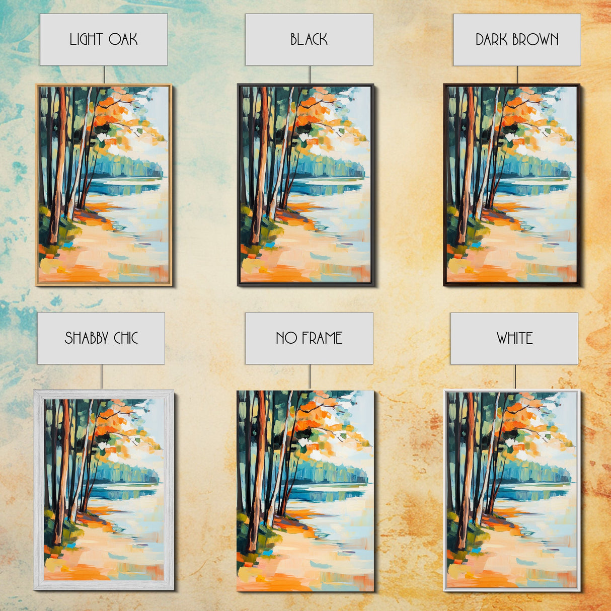 Lakeside Forest Art Framed Canvas Print Autumn Landscape Painting Serene Nature Wall Decor Warm Cozy Home Aesthetic Rustic Living Room