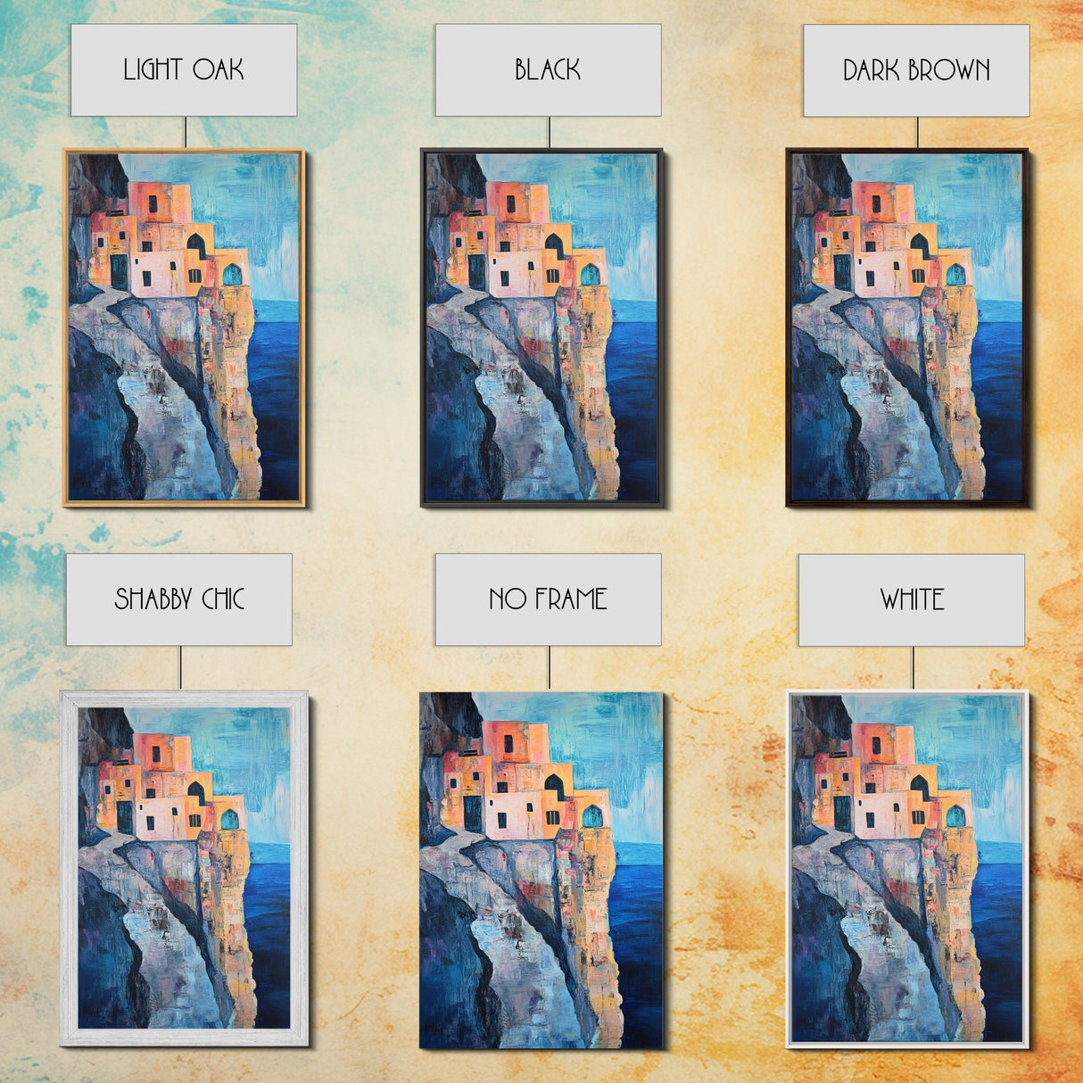 Cliffside Village, Mediterranean Art, Coastal Wall Art, Seascape Painting, Boho Art, Rustic Wall Art, Framed Canvas Print