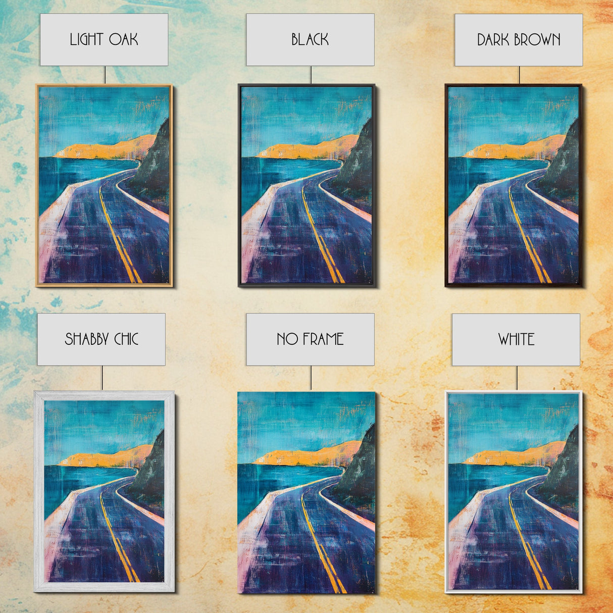 Coastal Highway, surf wall art, coastal decor, scenic road painting, living room art, minimalist art, Framed Canvas Print, gift idea