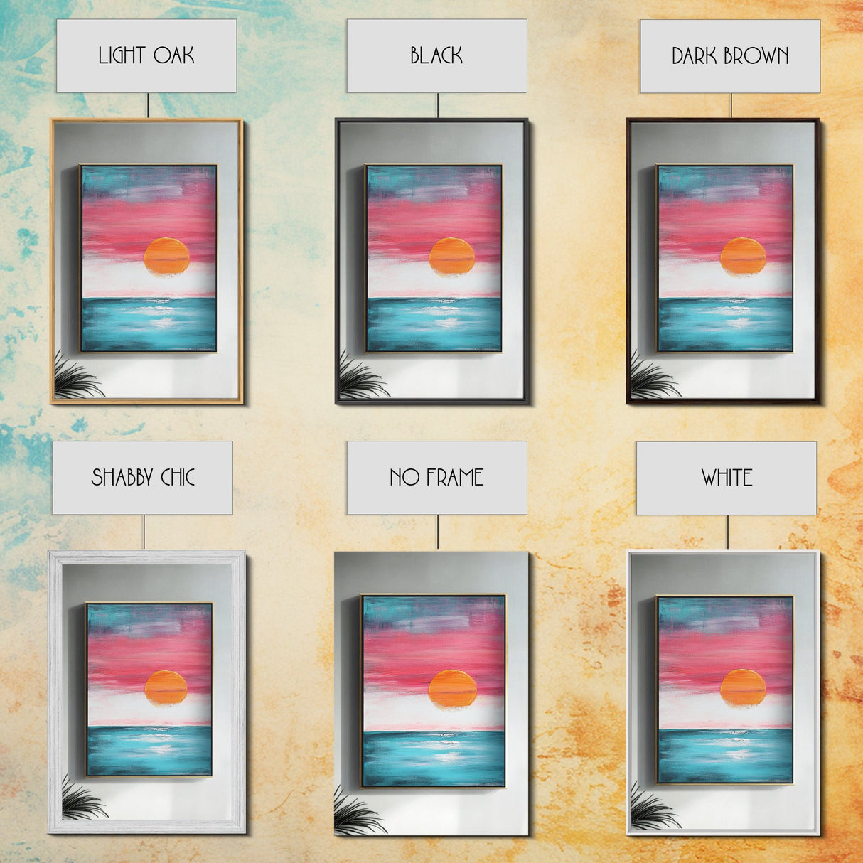 Sunset Horizon, pink orange wall art, nautical painting, coastal decor, above bed wall art, wabi sabi art, Framed Canvas Print, boho art