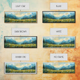 Mountain Lake Meadow Painting, Serene Nature Landscape, Cozy Cabin Art, Blue and Green Rustic Bedroom Wall Decor, Framed Canvas Print