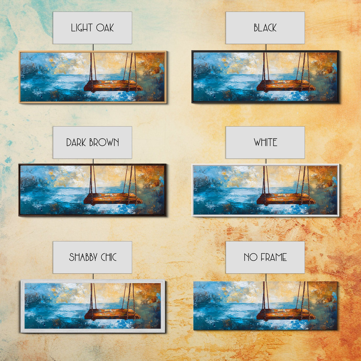 Rustic Wooden Swing by the Ocean, Serene Beach Wall Art, Tranquil Coastal Decor, Dreamy Blue and Gold Painting, Bedroom Artwork