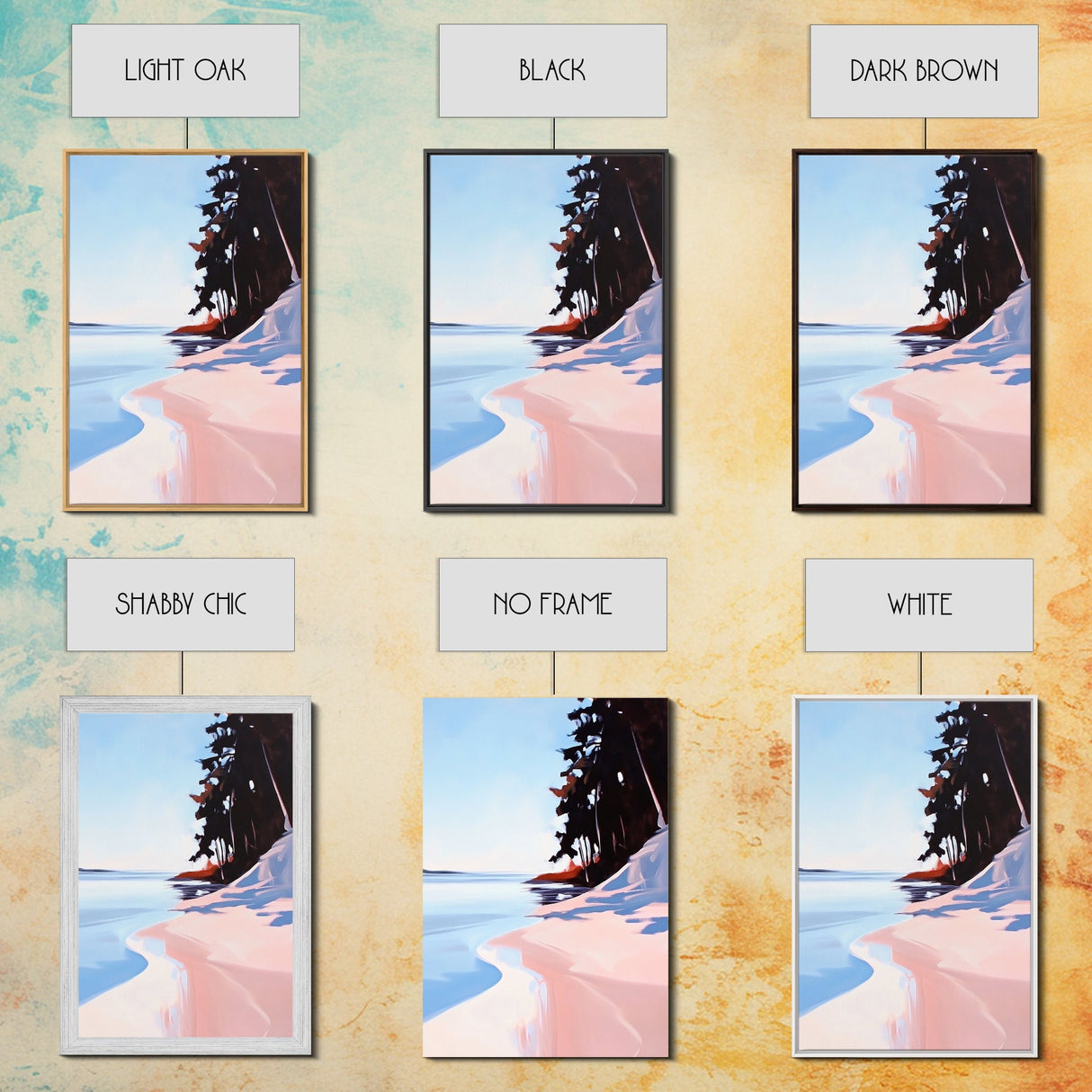 Secluded Beach, Coastal Pines, Ocean Sunset Art, Nature Wall Decor, Framed Canvas Print, Minimalist Seascape, Living Room Art, Boho Print