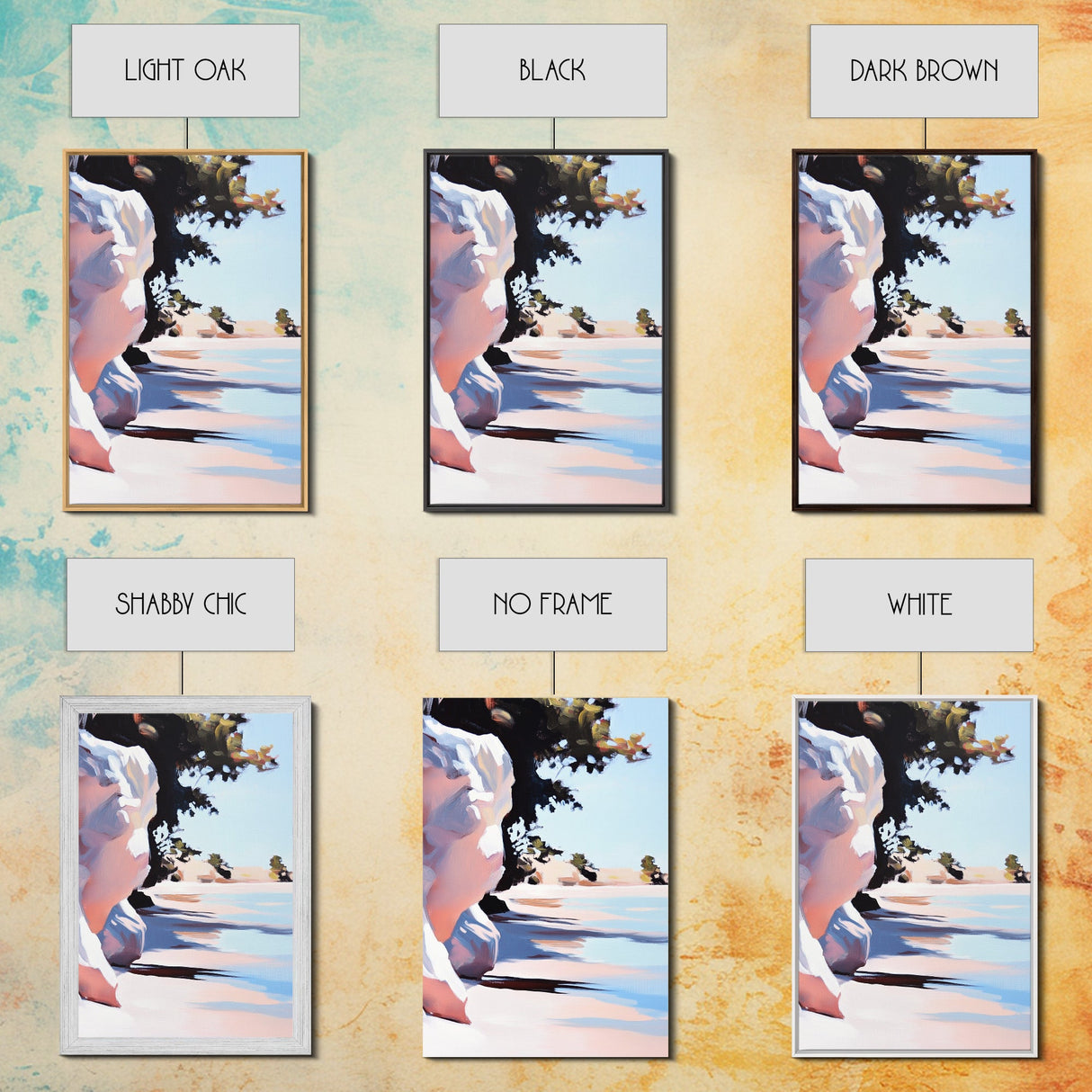Shoreline, Sunset, Shadows, Warm, Framed Canvas Print, Seascape Wall Art, Boho Beach Decor, Ocean Sunset Artwork, Coastal Home Aesthetic