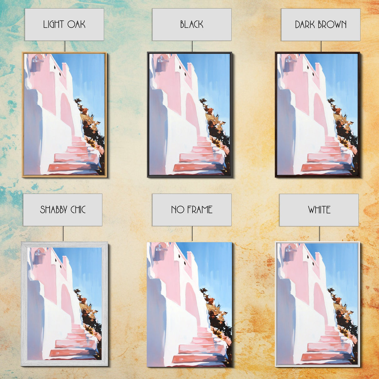 Mediterranean Steps, Coastal Wall Art, Santorini Print, Blue and Pink Decor, Travel Painting, Framed Canvas Print, Living Room Art