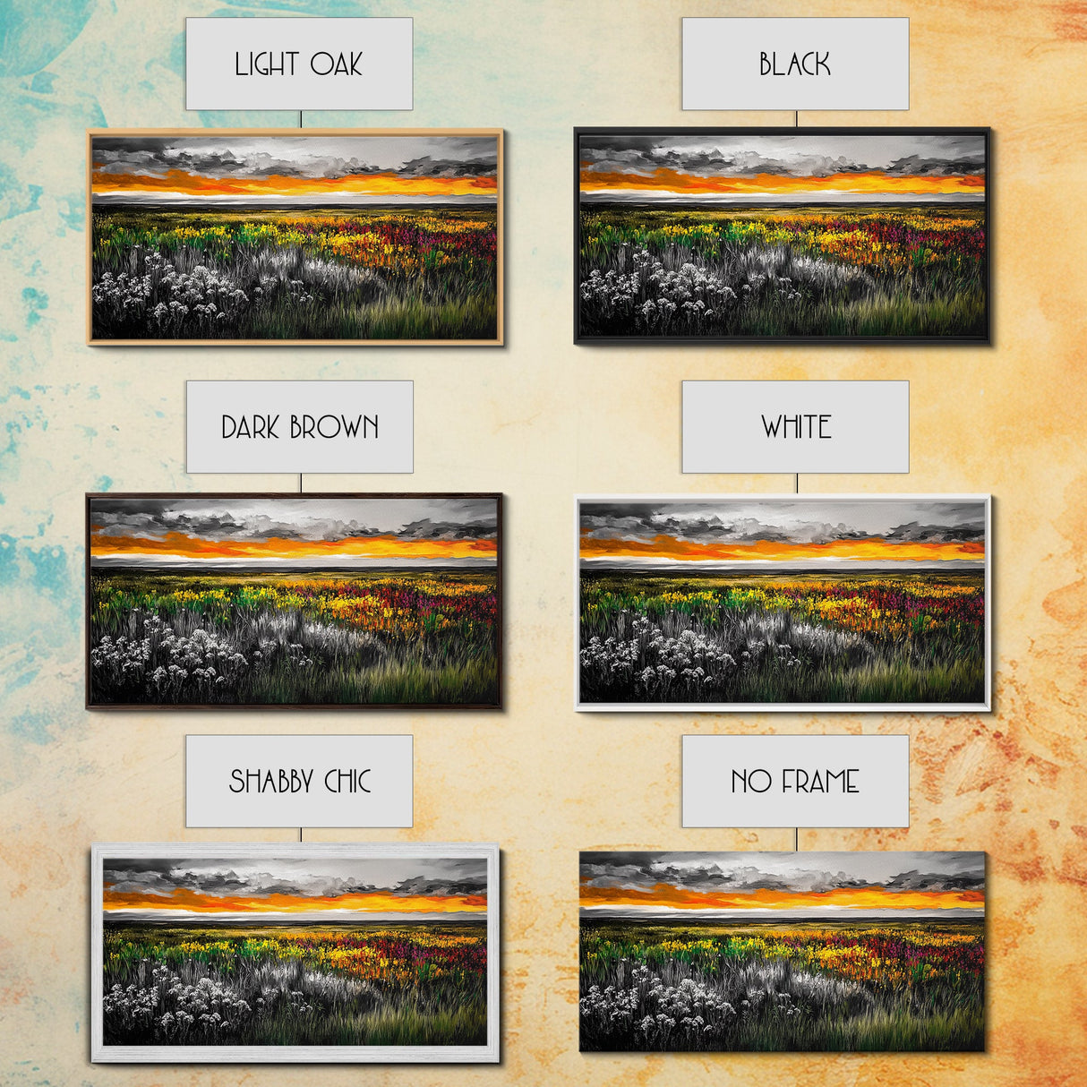 Vibrant Sunset, Colorful Sky, Wildflower Meadow, Framed Canvas Print, Fall Landscape, Nature Art, Living Room Decor, Rustic Warmth