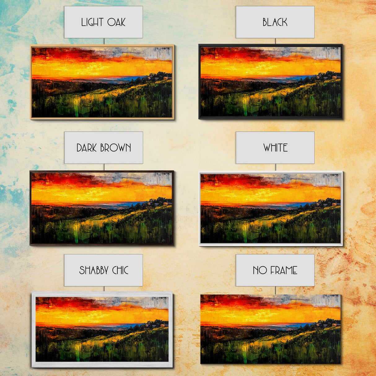 Golden Sunset, Rolling Hills, Vibrant Landscape, Canvas Print, Nature Wall Art, Living Room Decor, Warm Autumn Tones, Rustic Artwork