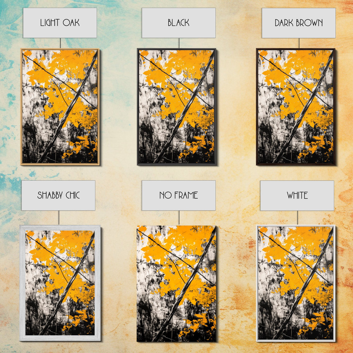 Abstract Autumn Leaves, Black White Orange, Nature Wall Art, Rustic Decor, Minimalist Fall Artwork, Living Room Art, Framed Canvas Print