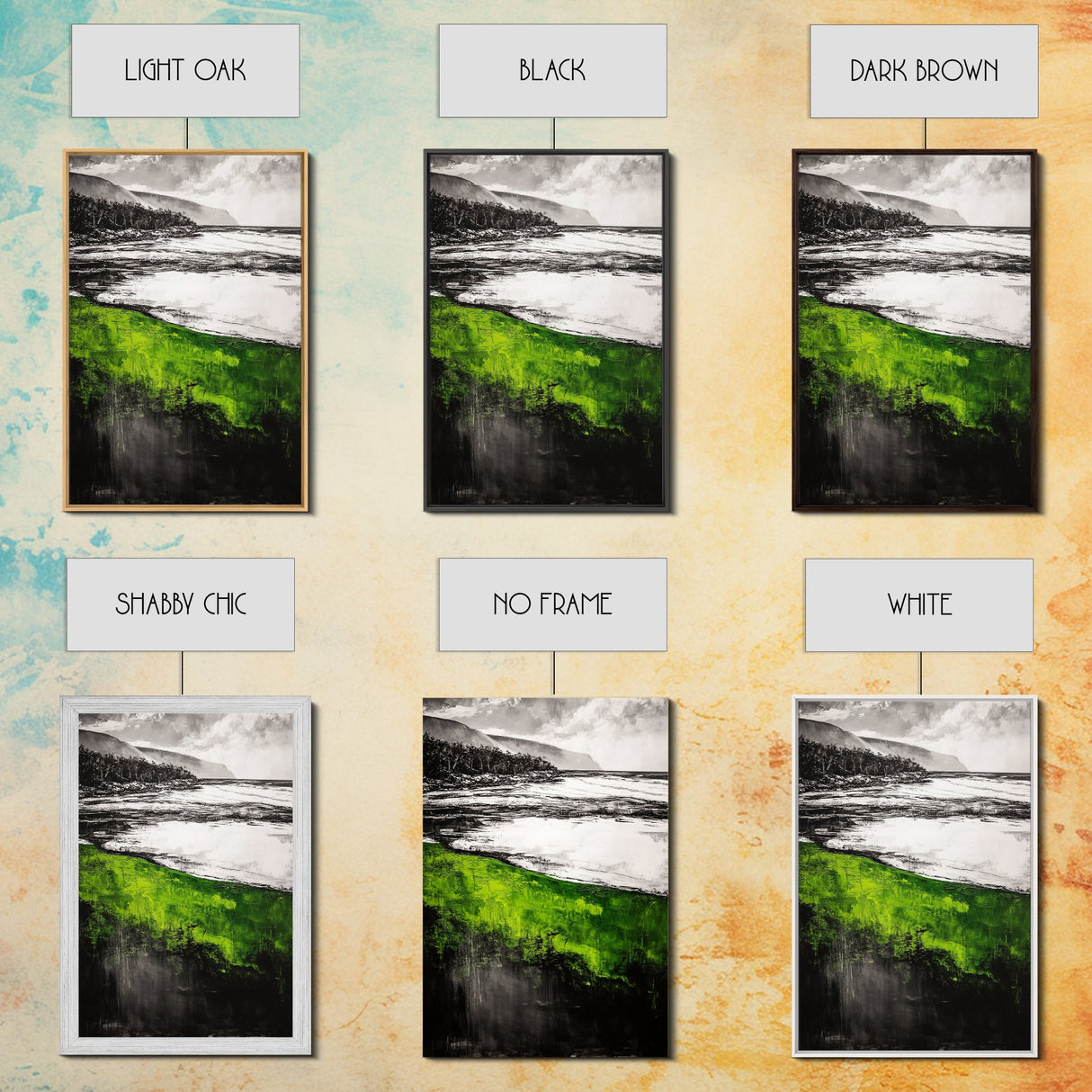 Green Coastal Hills, Ocean Shoreline Painting, Scenic Landscape Art, Office Wall Decor, Nature Inspired Print, Framed Canvas Print